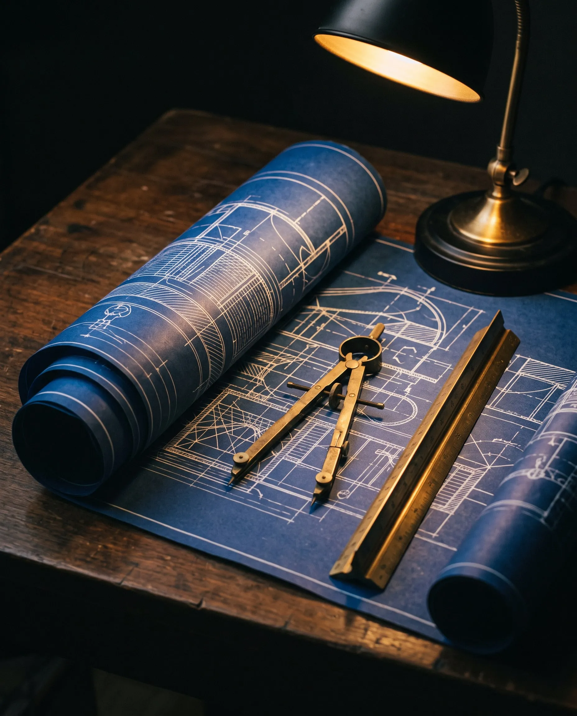 Illustrative: blueprint drawings under a warm drafting lamp