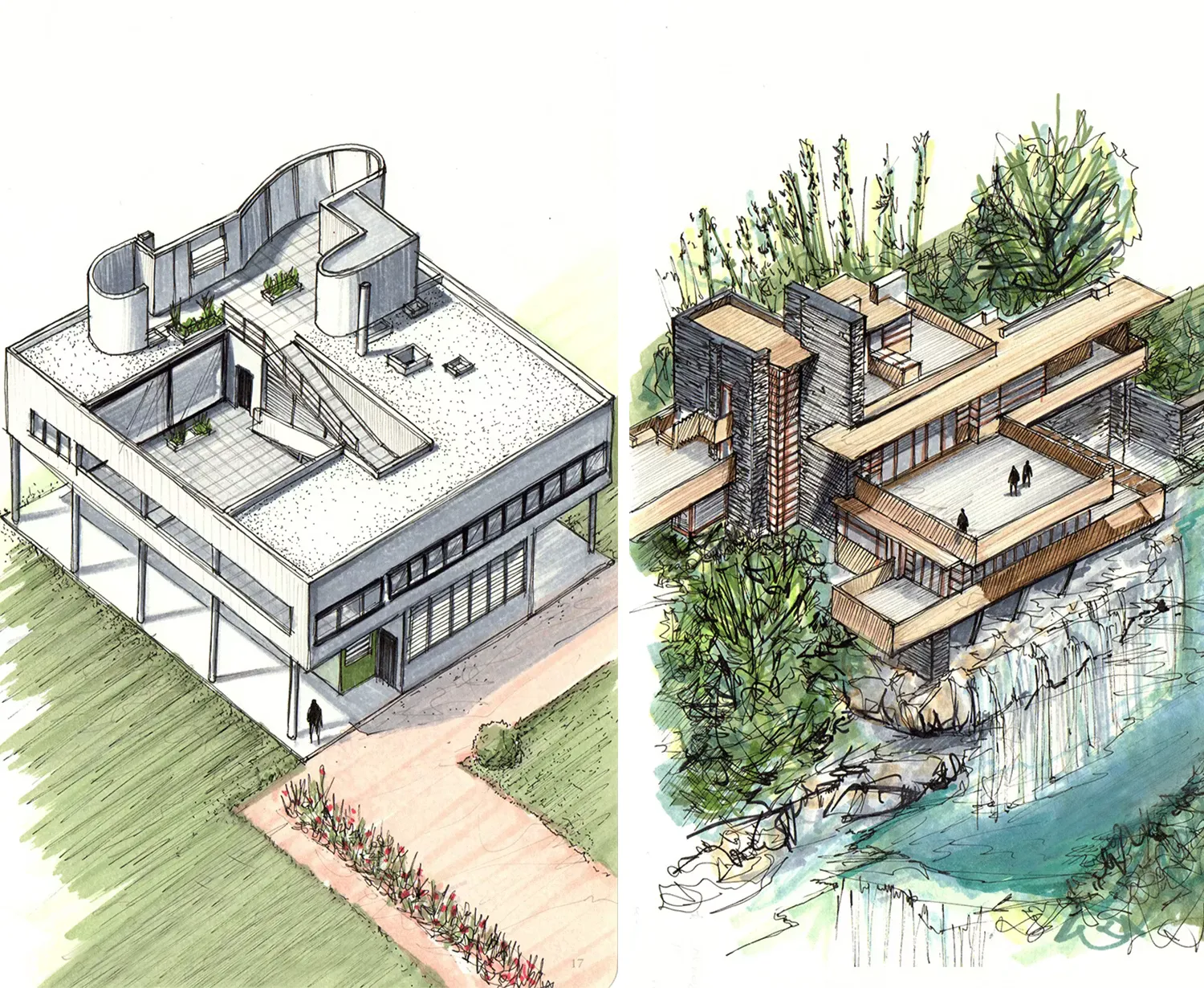 Hand-sketched isometric studies of two modern houses by the Uniq Builders architecture team