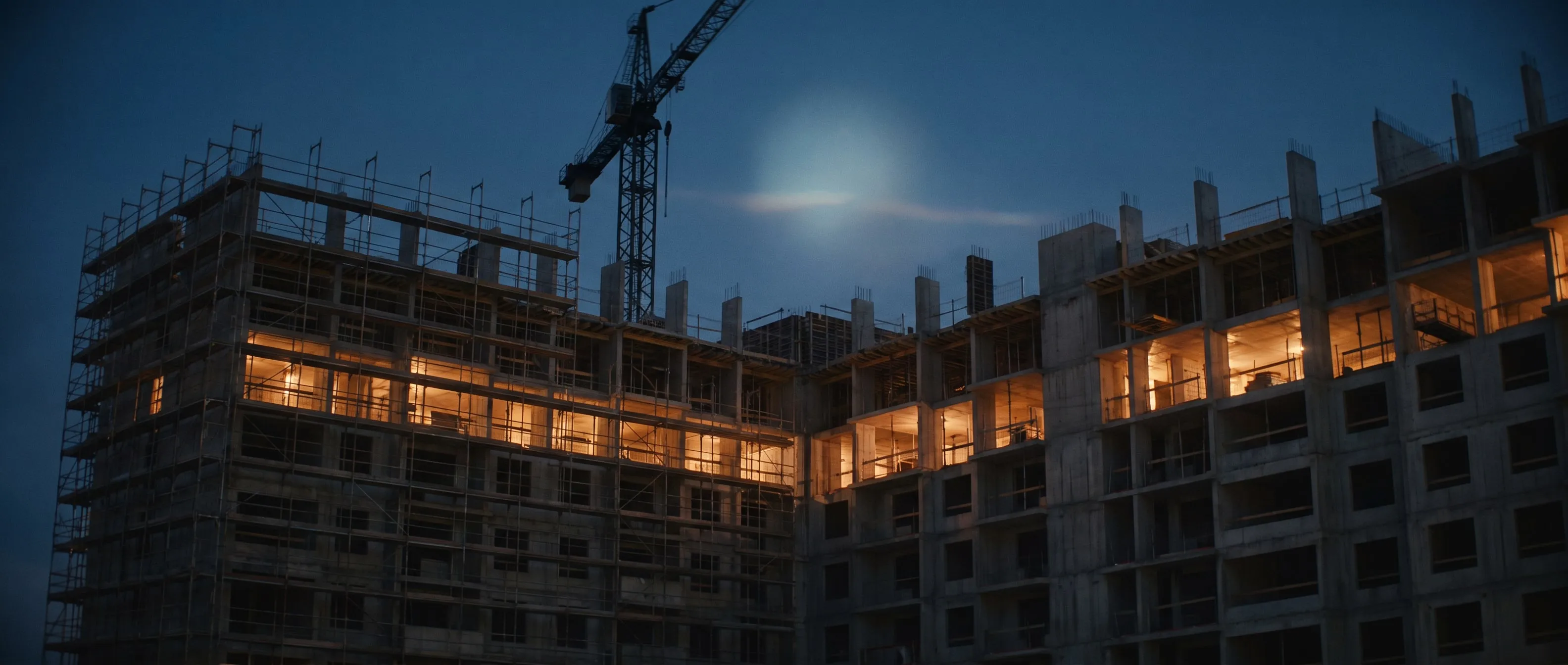 Illustrative: concrete frame under construction at dusk