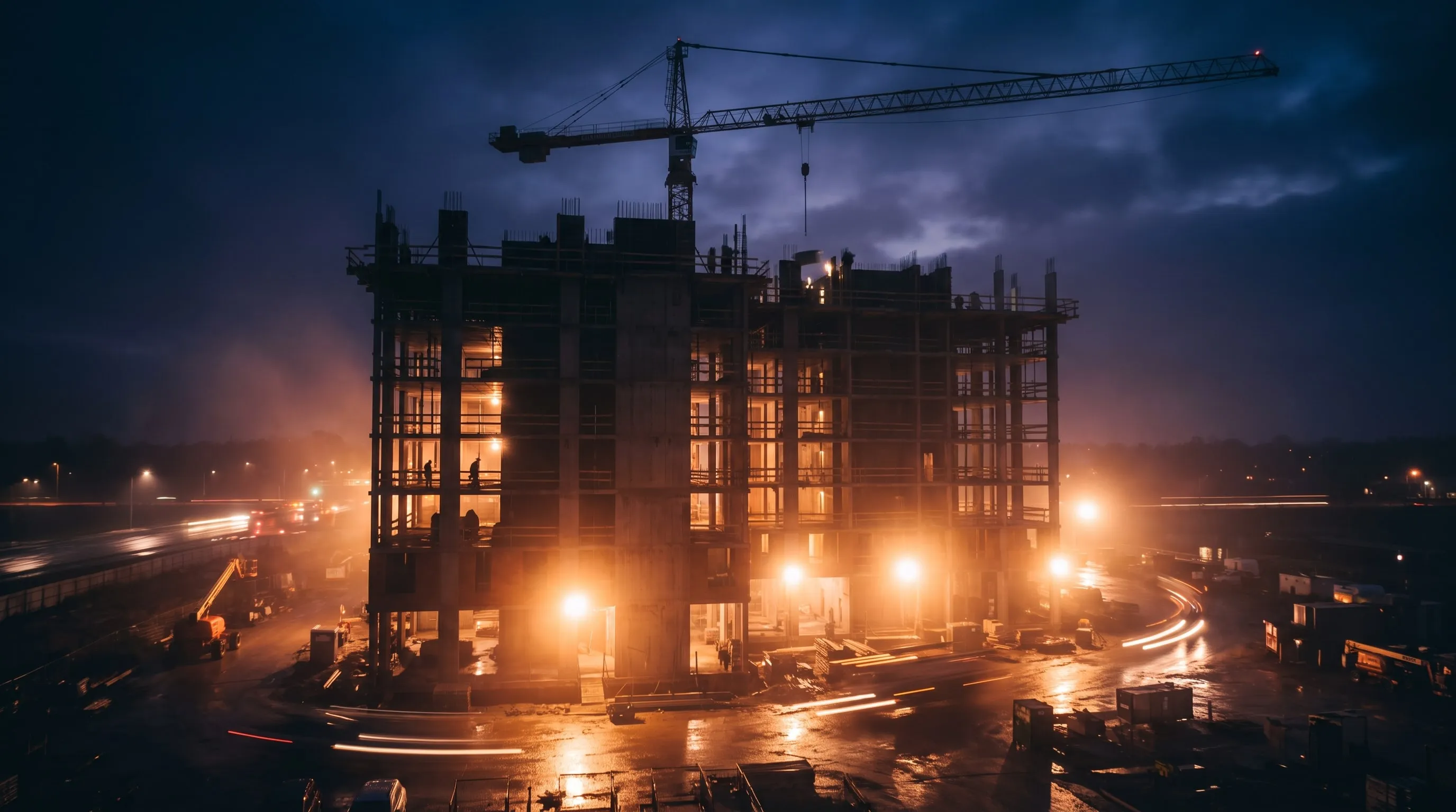 Illustrative: night concrete pour under floodlights