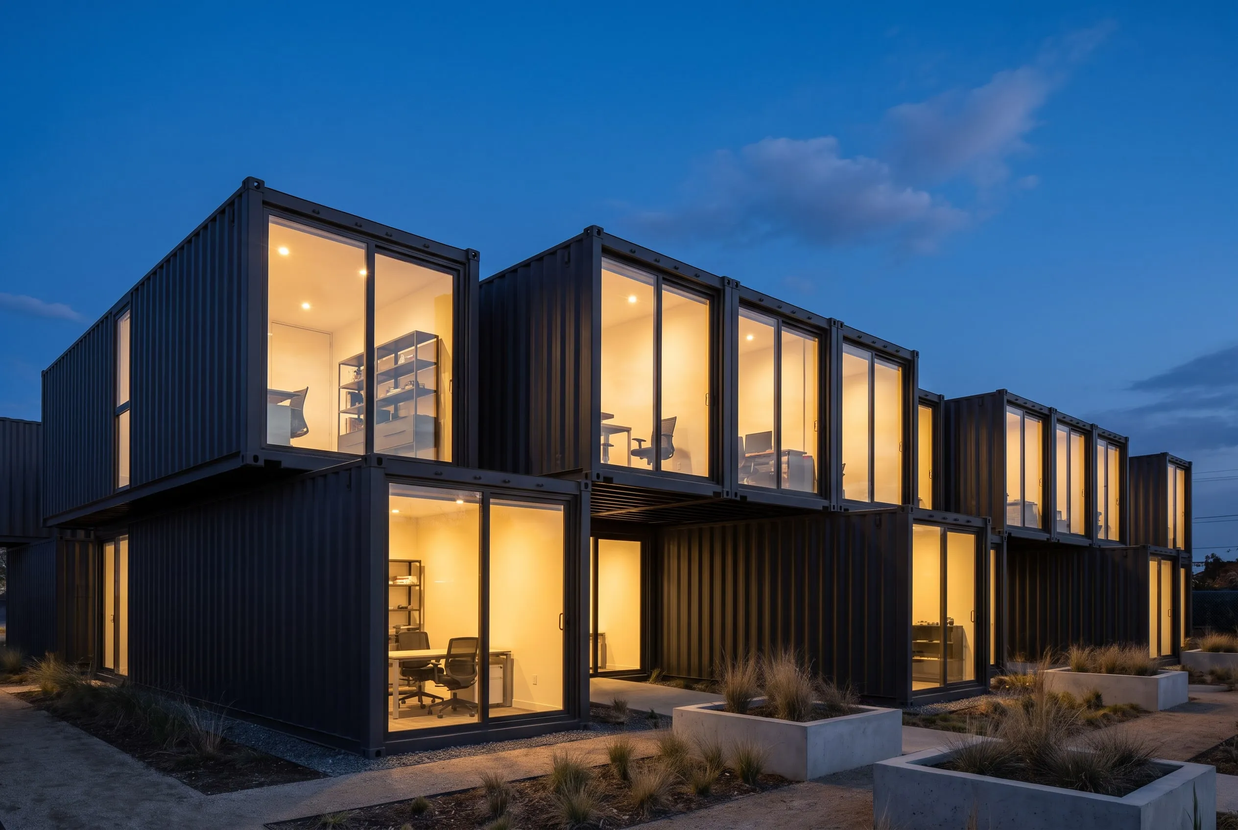 Illustrative: converted container building at dusk