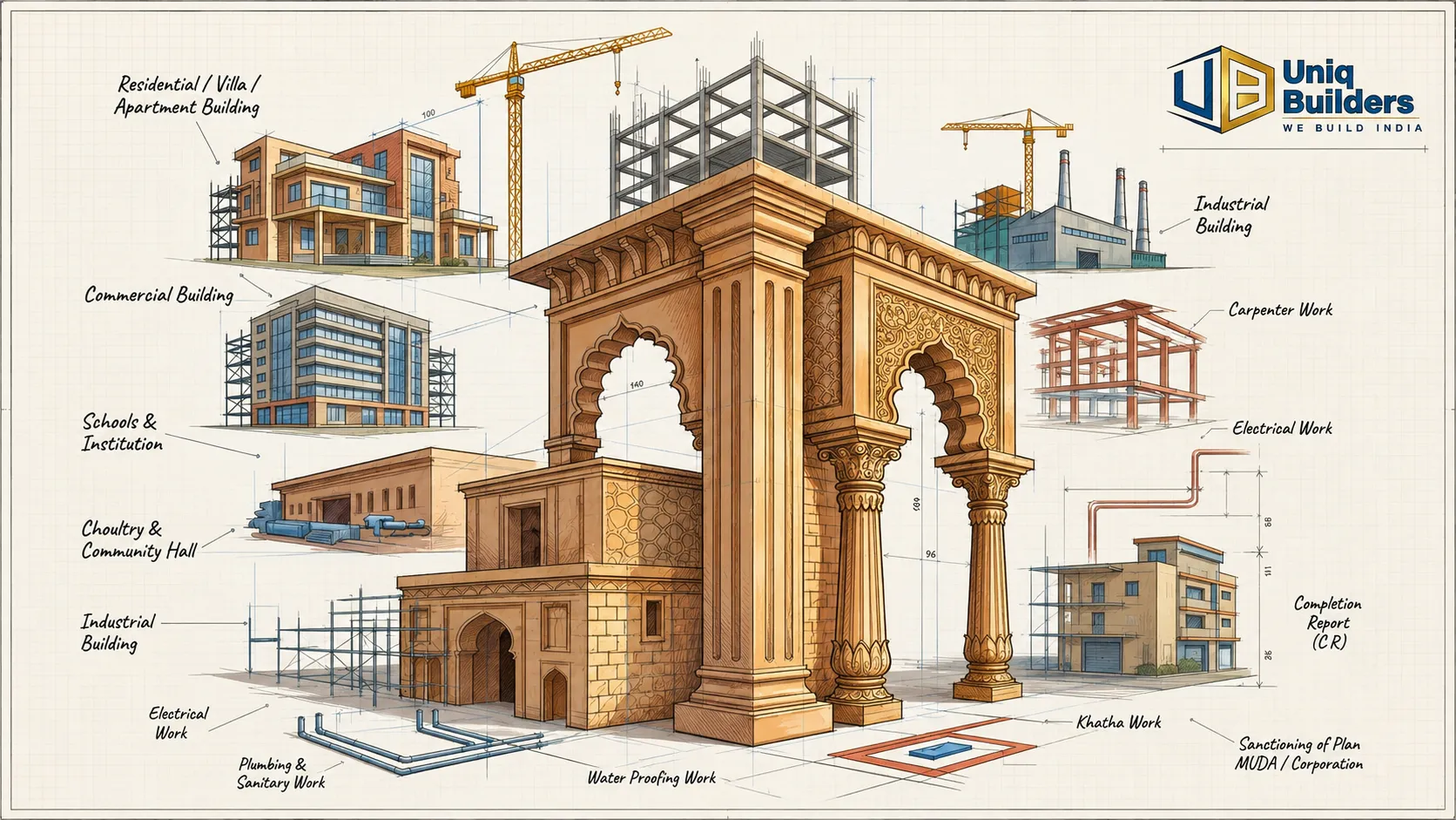 Illustrated map of Uniq Builders services: residential, commercial, institutional and industrial buildings around a Mysuru arch, with approvals, electrical, plumbing, carpentry and waterproofing work called out